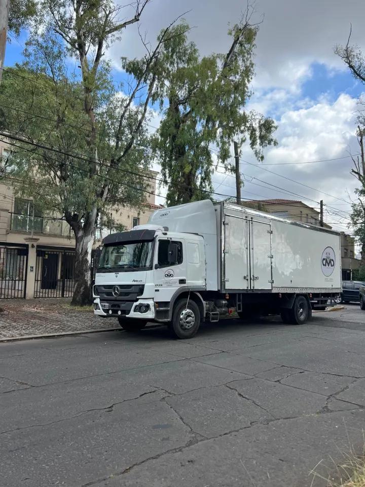 Camión de Mi Mudanza circulando por una calle arbolada de barrio