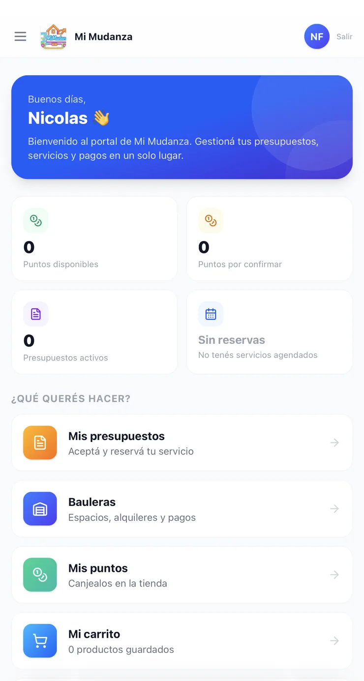 Portal de clientes TruckDate: inicio con presupuestos, reservas y puntos