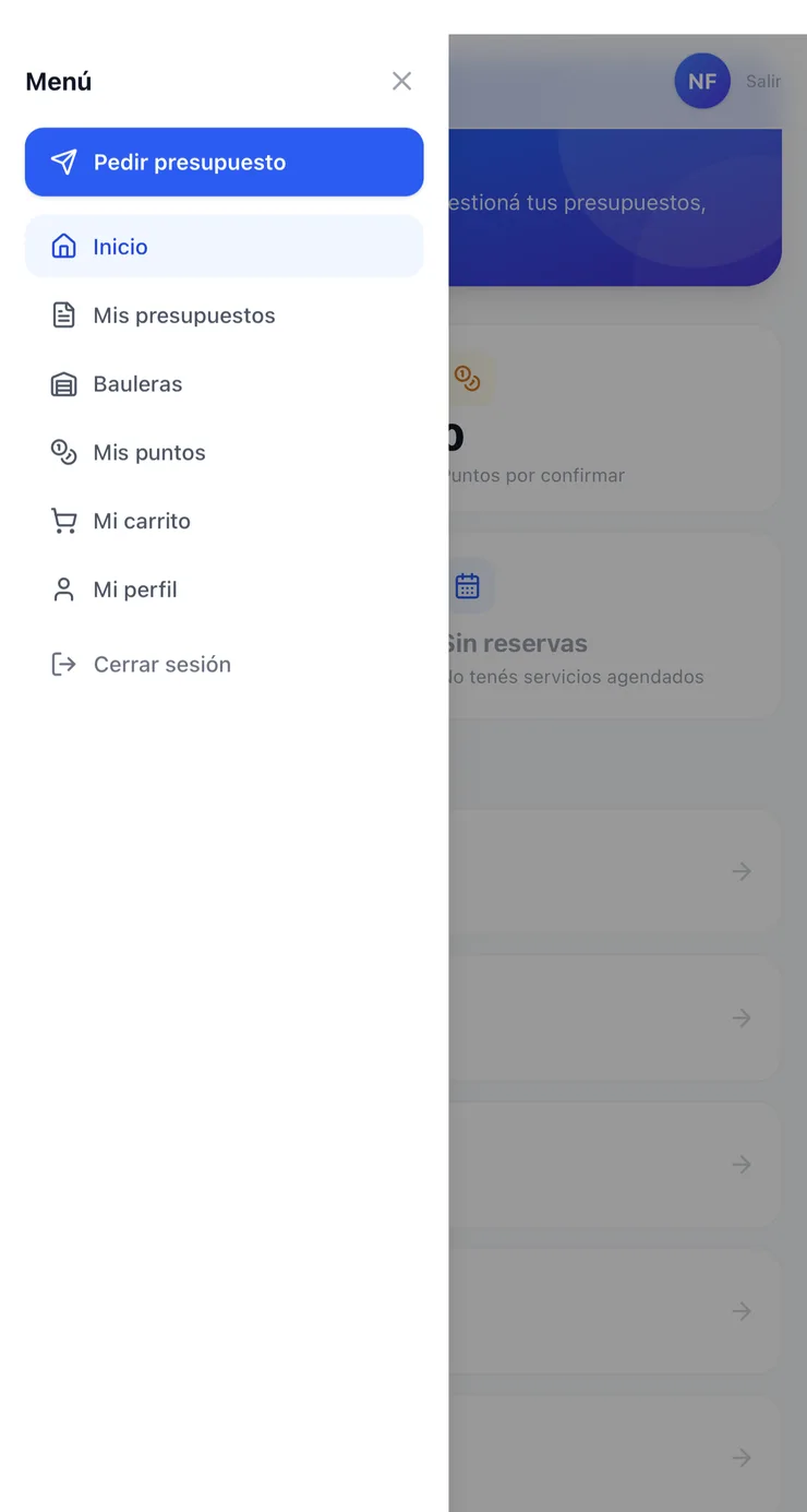 Portal de clientes TruckDate: menú con presupuestos, bauleras, puntos y carrito